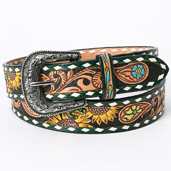 LC-ADBLF133 Tooled Leather Western Belt - Sunflower & Floral Scroll with Green Diamond Border