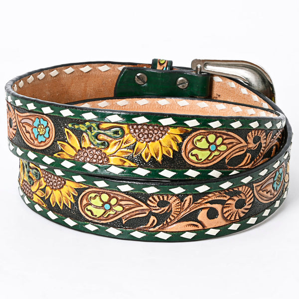 LC-ADBLF133 Tooled Leather Western Belt - Sunflower & Floral Scroll with Green Diamond Border