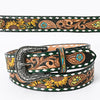 LC-ADBLF133 Tooled Leather Western Belt - Sunflower & Floral Scroll with Green Diamond Border