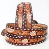 LC-ADBLF136 Tooled Leather Western Belt - Feather & Floral Carving with White Diamond Edge and Silver Buckle