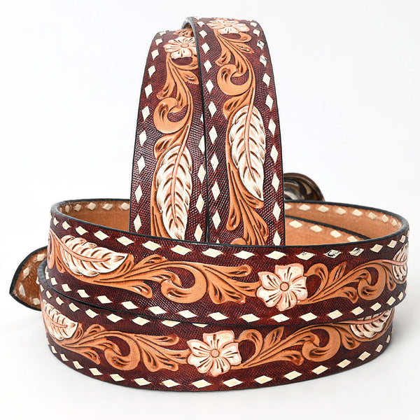 LC-ADBLF136 Tooled Leather Western Belt - Feather & Floral Carving with White Diamond Edge and Silver Buckle