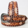LC-ADBLF136 Tooled Leather Western Belt - Feather & Floral Carving with White Diamond Edge and Silver Buckle