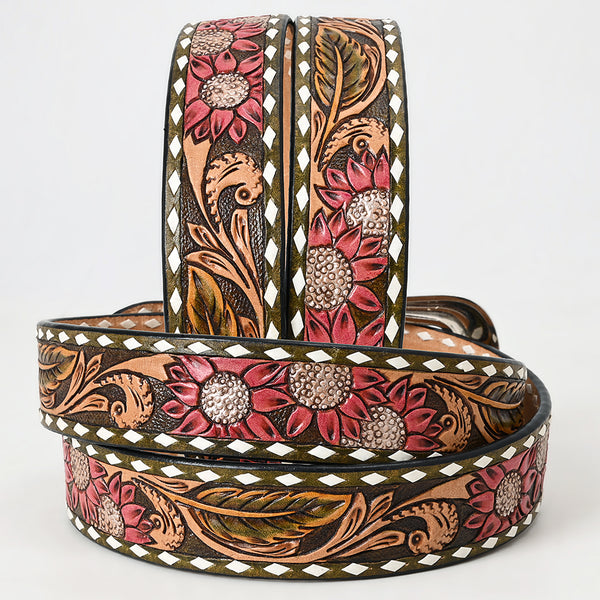 LC-ADBLF139 Tooled Leather Western Belt - Red Sunflowers & Olive Scroll Design with White Diamond Border and Silver Buckle