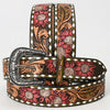 LC-ADBLF139 Tooled Leather Western Belt - Red Sunflowers & Olive Scroll Design with White Diamond Border and Silver Buckle