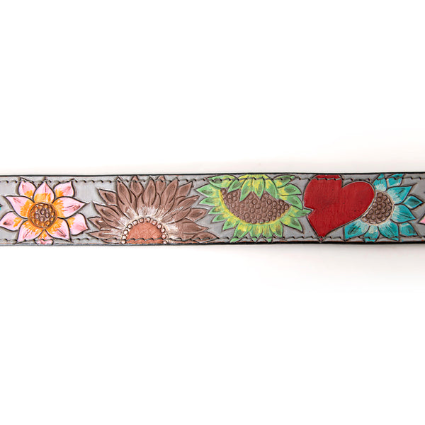LC-ADBLF142 Hand Tooled Leather Belt - Multicolor Sunflowers & Red Heart on Gray Base