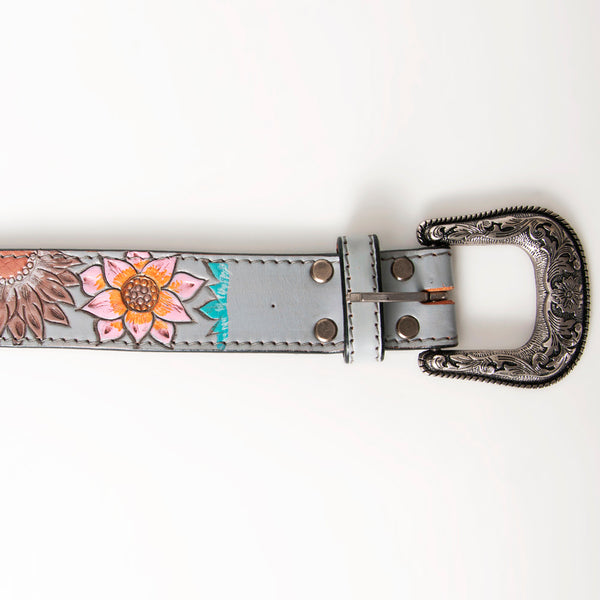 LC-ADBLF142 Hand Tooled Leather Belt - Multicolor Sunflowers & Red Heart on Gray Base