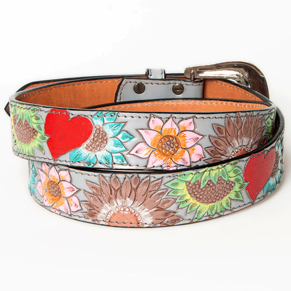 LC-ADBLF142 Hand Tooled Leather Belt - Multicolor Sunflowers & Red Heart on Gray Base