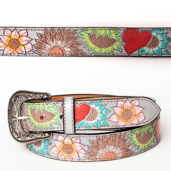 LC-ADBLF142 Hand Tooled Leather Belt - Multicolor Sunflowers & Red Heart on Gray Base