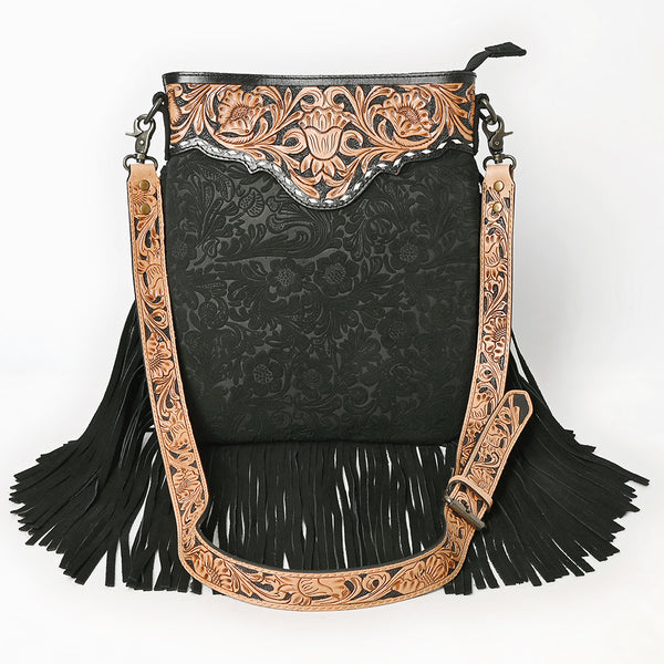 ADBGS192 Floral Embossed Leather Large Crossbody Bag with Fringe & Tooled Strap - Western Elegant Purse