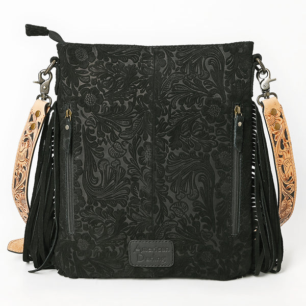 ADBGS192 Floral Embossed Leather Large Crossbody Bag with Fringe & Tooled Strap - Western Elegant Purse