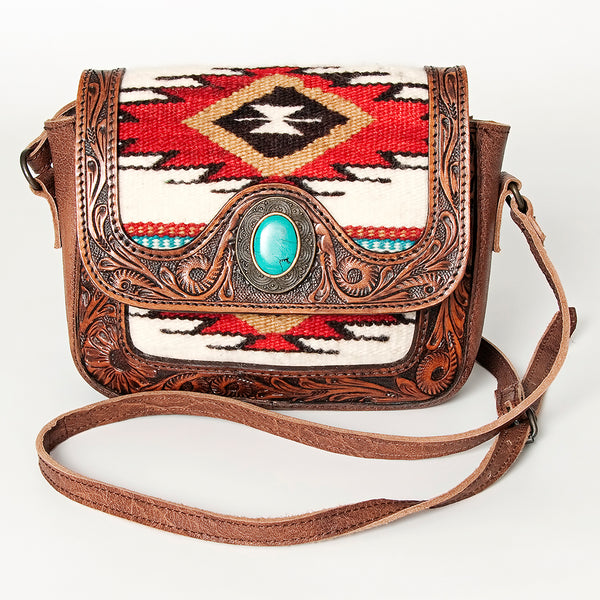 ADBG824 American Darling Western Leather Cross body Bag Hand Tooled Floral with Woven Saddle Blanket