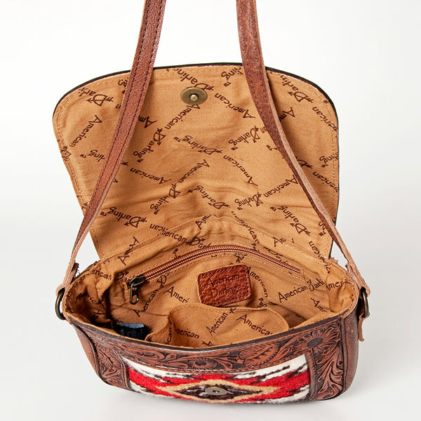ADBG824 American Darling Western Leather Cross body Bag Hand Tooled Floral with Woven Saddle Blanket