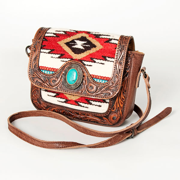 ADBG824 American Darling Western Leather Cross body Bag Hand Tooled Floral with Woven Saddle Blanket