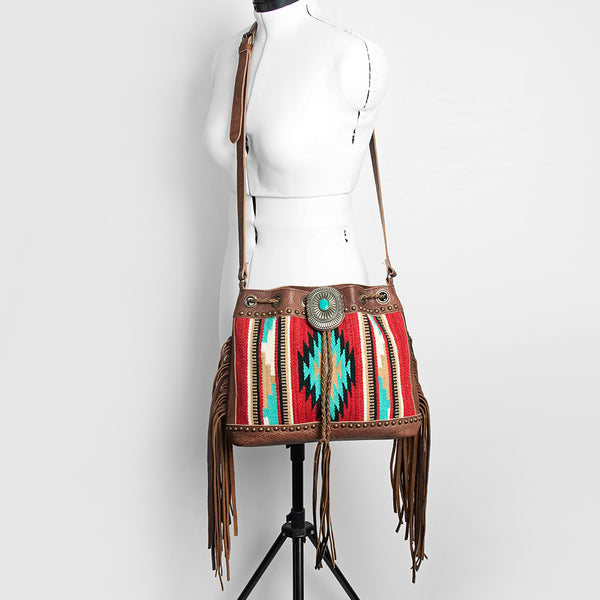 ADBG836 American Darling Western Bucket Bag with Hand Woven Saddle Blanket and Turquoise Concho