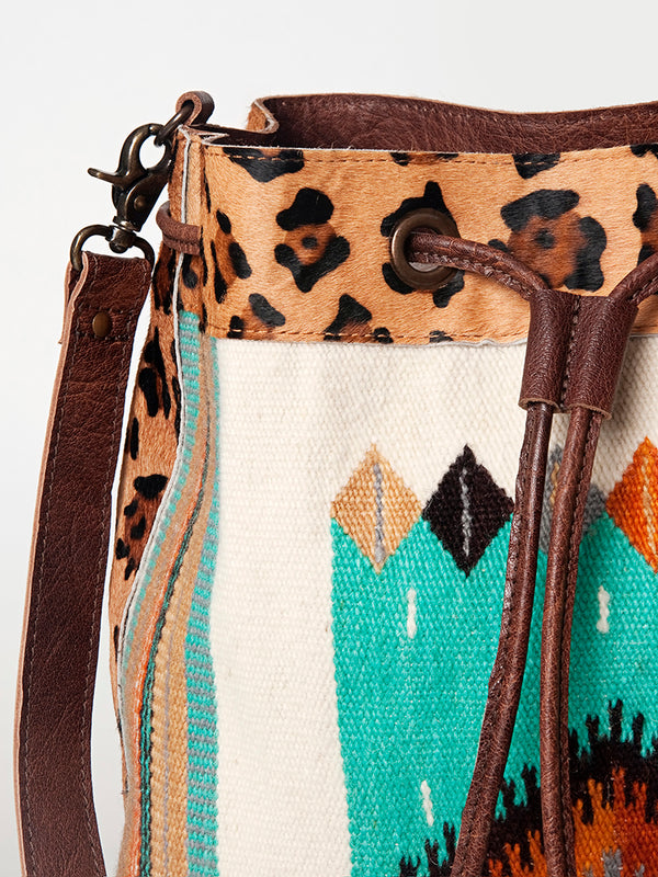 ADBG574 American Darling Aztec Woven Saddle Blanket & Leopard Cowhide Boho Bucket Bag