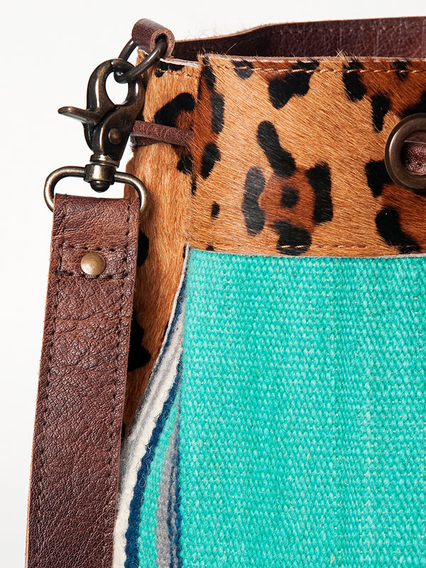 ADBG574 American Darling Aztec Woven Saddle Blanket & Leopard Cowhide Boho Bucket Bag