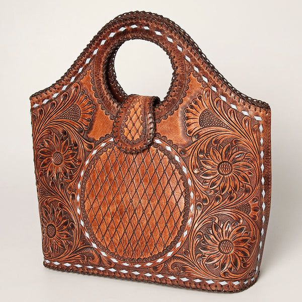 LC-ADBGZ597 Hand-Tooled Leather Tote with Floral & Basketweave Design - Western Round Handle Bag