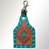 ADKRX113 Hand-Tooled Leather Keyring Turquoise Border with Tooled Floral Diamond Design
