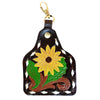 LC-ADKRX122 Hand-Tooled Leather Keyring Yellow Sunflower with Leaf Detail on Black Leather