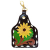 LC-ADKRX122 Hand-Tooled Leather Keyring Yellow Sunflower with Leaf Detail on Black Leather