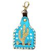 LC-ADKRX131 Hand-Tooled Leather Keyring Yellow Cactus & Stars on Turquoise with White Lacing