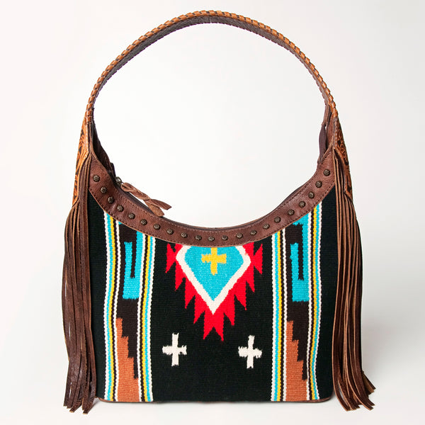 ADBG803 American Darling Hand Tooled Leather Hobo Bag with Hand Woven Saddle Blanket and Fringes