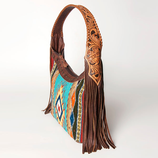 ADBG803 American Darling Hand Tooled Leather Hobo Bag with Hand Woven Saddle Blanket and Fringes
