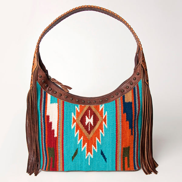 ADBG803 American Darling Hand Tooled Leather Hobo Bag with Hand Woven Saddle Blanket and Fringes