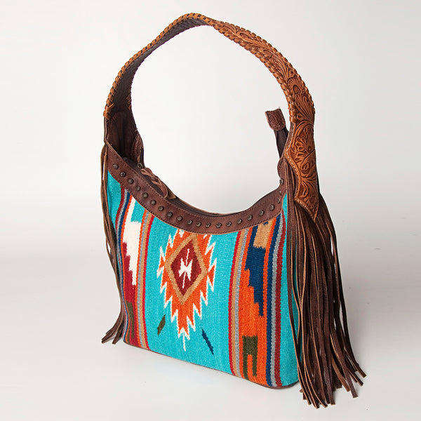 ADBG803 American Darling Hand Tooled Leather Hobo Bag with Hand Woven Saddle Blanket and Fringes