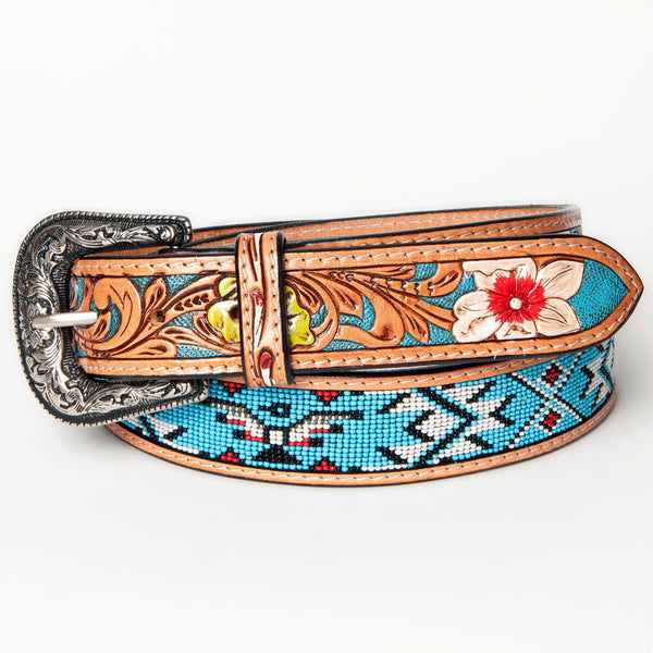 LC-ADBLF144 Southwestern Beaded Leather Belt - Turquoise Thunderbird & Floral Tooled Design