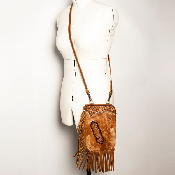 ADBGA249 Floral Tooled Leather Cowhide Fringe Crossbody Western Chaps Bag