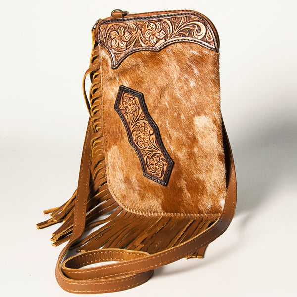 ADBGA249 Floral Tooled Leather Cowhide Fringe Crossbody Western Chaps Bag