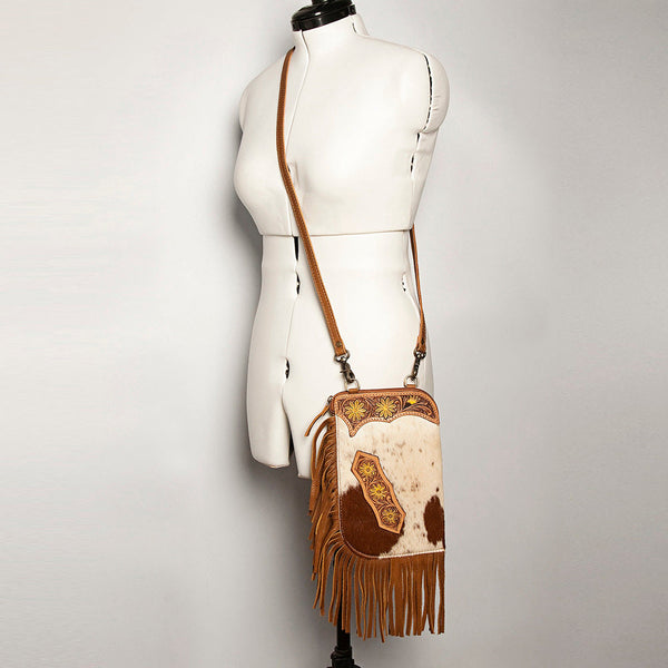 ADBGA249 Floral Tooled Leather Cowhide Fringe Crossbody Western Chaps Bag