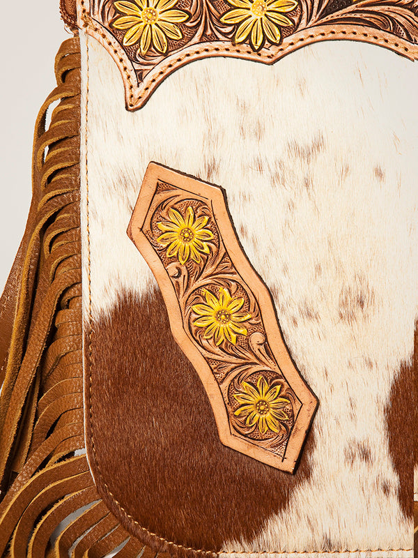 ADBGA249 Floral Tooled Leather Cowhide Fringe Crossbody Western Chaps Bag