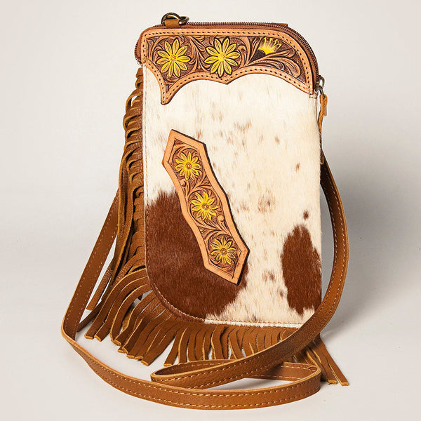 ADBGA249 Floral Tooled Leather Cowhide Fringe Crossbody Western Chaps Bag