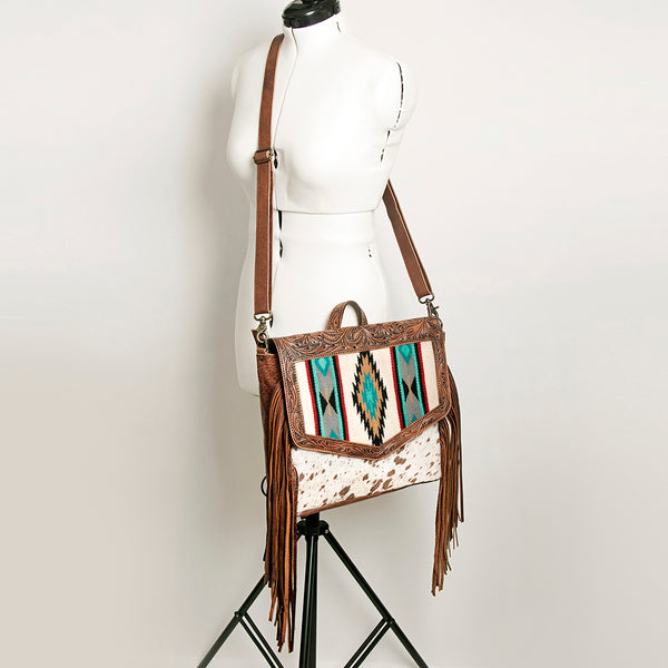 ADBG852 American Darling Hand Tooled Floral Leather & Saddle Blanket Messenger Bag with Fringes