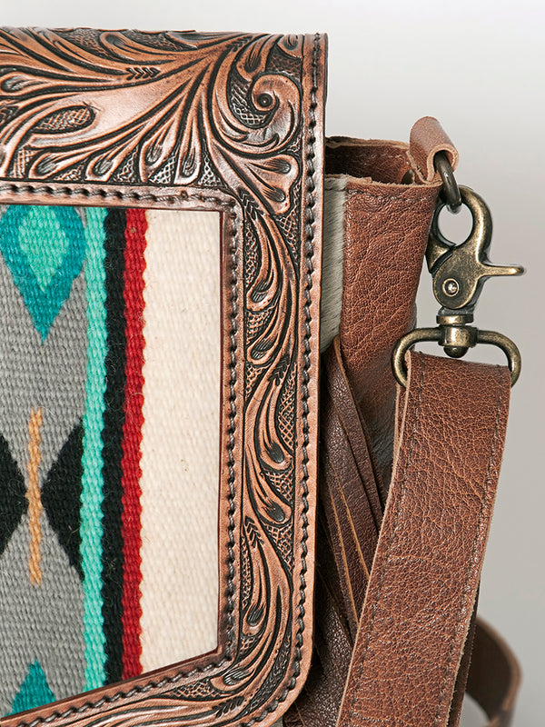 ADBG852 American Darling Hand Tooled Floral Leather & Saddle Blanket Messenger Bag with Fringes