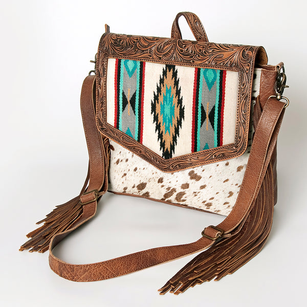 ADBG852 American Darling Hand Tooled Floral Leather & Saddle Blanket Messenger Bag with Fringes