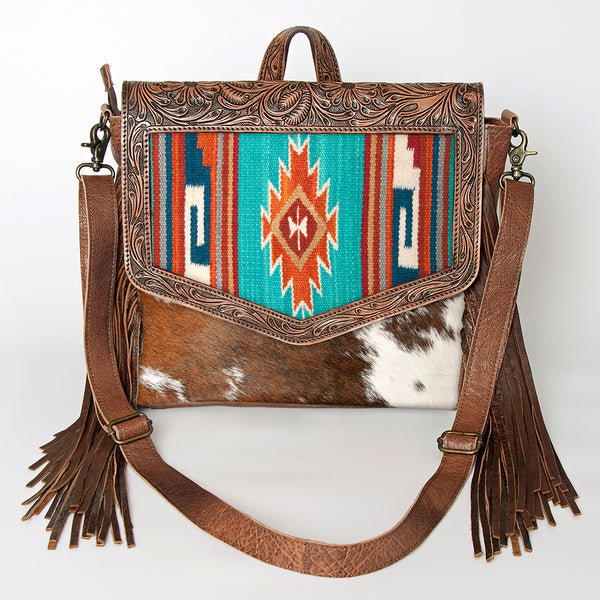 ADBG852 American Darling Hand Tooled Floral Leather & Saddle Blanket Messenger Bag with Fringes