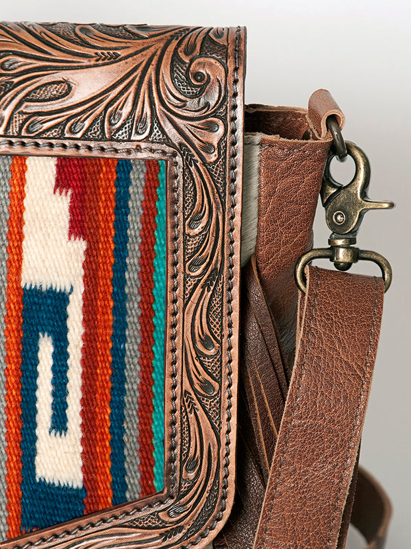 ADBG852 American Darling Hand Tooled Floral Leather & Saddle Blanket Messenger Bag with Fringes
