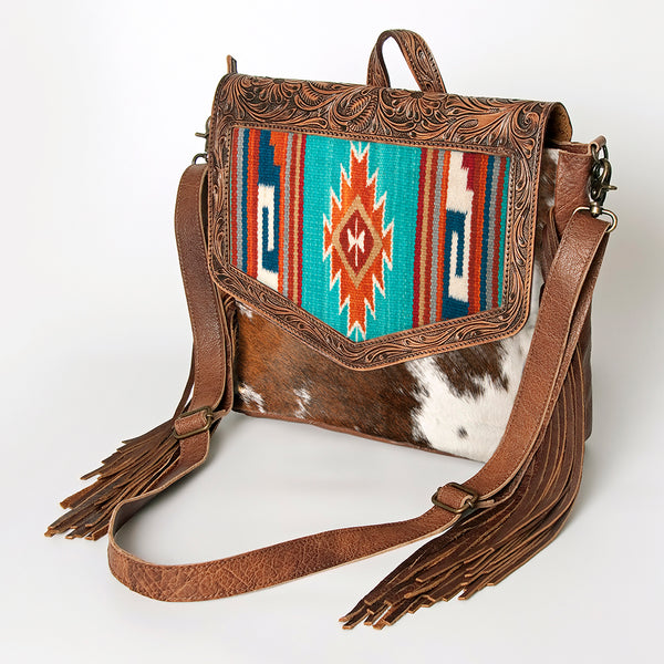 ADBG852 American Darling Hand Tooled Floral Leather & Saddle Blanket Messenger Bag with Fringes