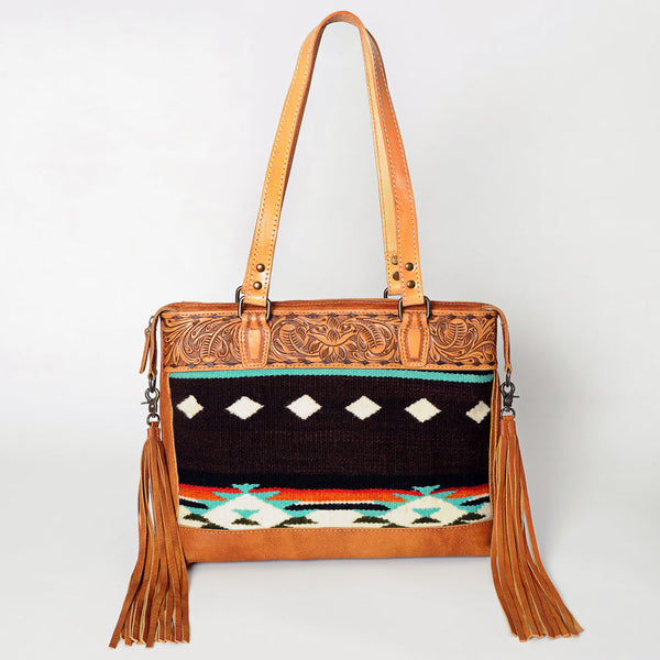 ADBG855 American Darling Hand Tooled Floral & Hand Woven Saddle Blanket Western Leather Tote Bag