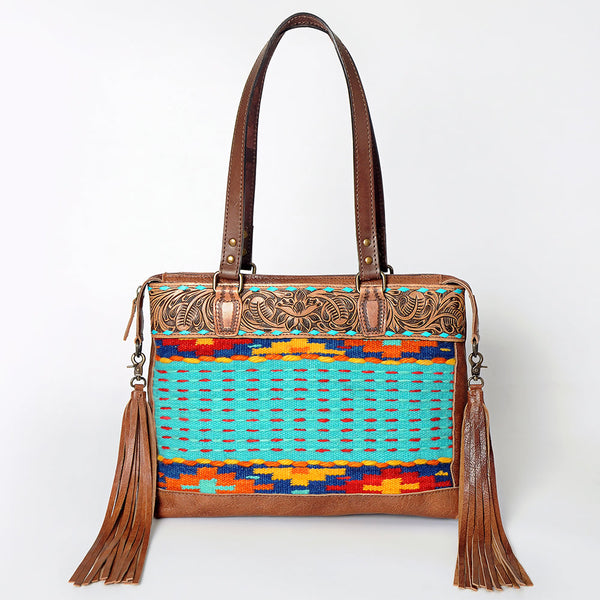 ADBG855 American Darling Hand Tooled Floral & Hand Woven Saddle Blanket Western Leather Tote Bag