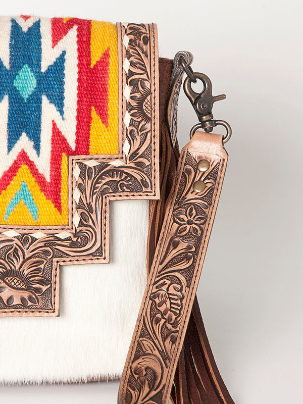ADBG856 American Darling Hand Tooled Floral & Cowhide Messenger Bag with Saddle Blanket