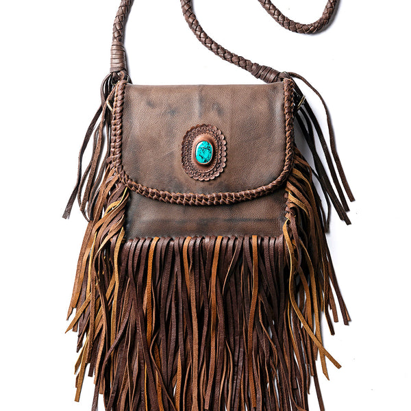 ADBGM250 Rustic Brown Leather Crossbody - Fringe Western Purse with Turquoise Concho