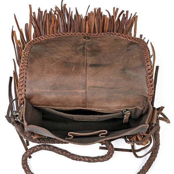 ADBGM250 Rustic Brown Leather Crossbody - Fringe Western Purse with Turquoise Concho