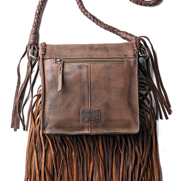 ADBGM250 Rustic Brown Leather Crossbody - Fringe Western Purse with Turquoise Concho