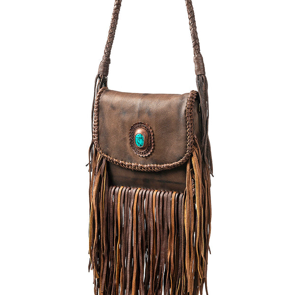 ADBGM250 Rustic Brown Leather Crossbody - Fringe Western Purse with Turquoise Concho