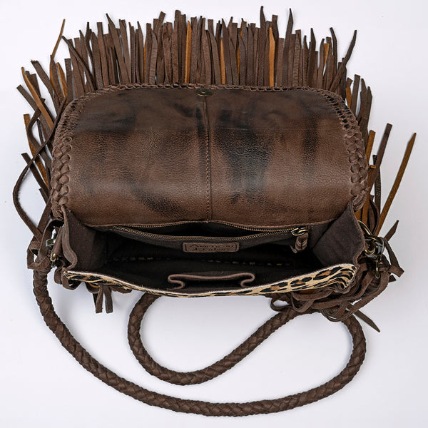 ADBGM250 Leopard Print Hair-On Leather Crossbody - Turquoise Concho & Fringe Western Bag