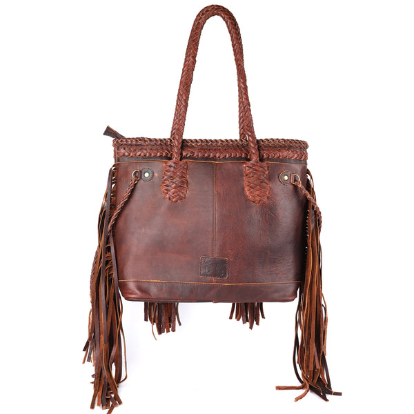 ADBGM251 Woven Leather Fringe Tote Bag - Western Braided Handle Shoulder Purse